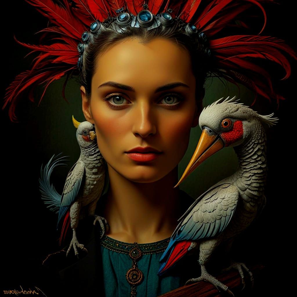 Cockatoo-Woman Portrait in Max Ernst Surrealist Style