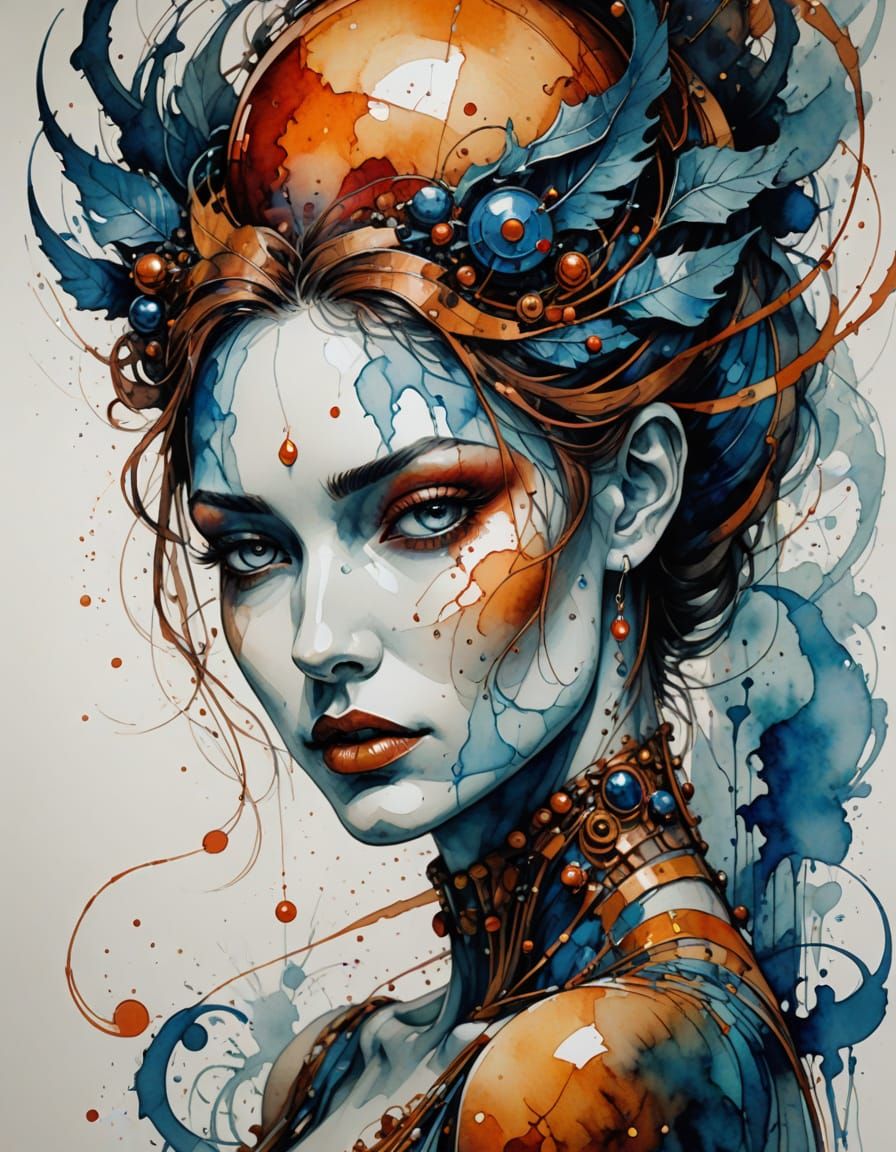 Abstract Doll in Mystical Forest, Alcohol Ink Style