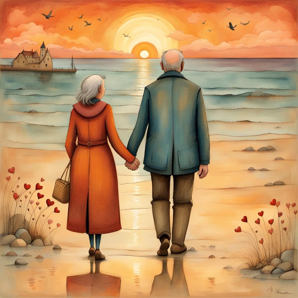 Romantic Beach Stroll Illustration at Sunset