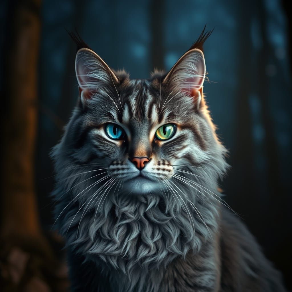 Majestic Gray MaineCoon Cat Under Starry Night