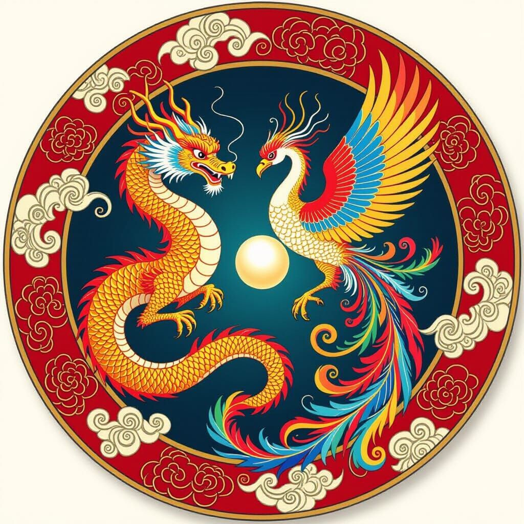 Dragon and Phoenix Disk with Pearl, Digital Art