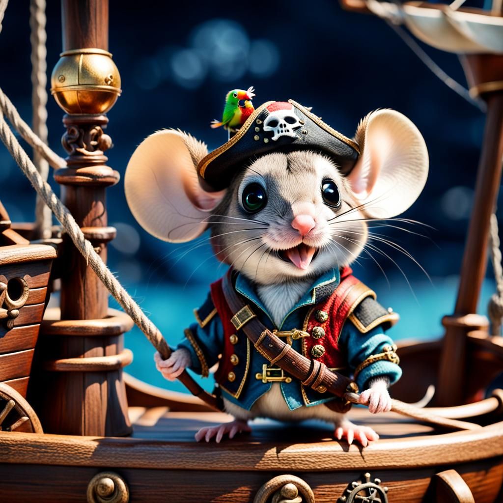 Adorable Pirate Mouse with Parrot on Ship