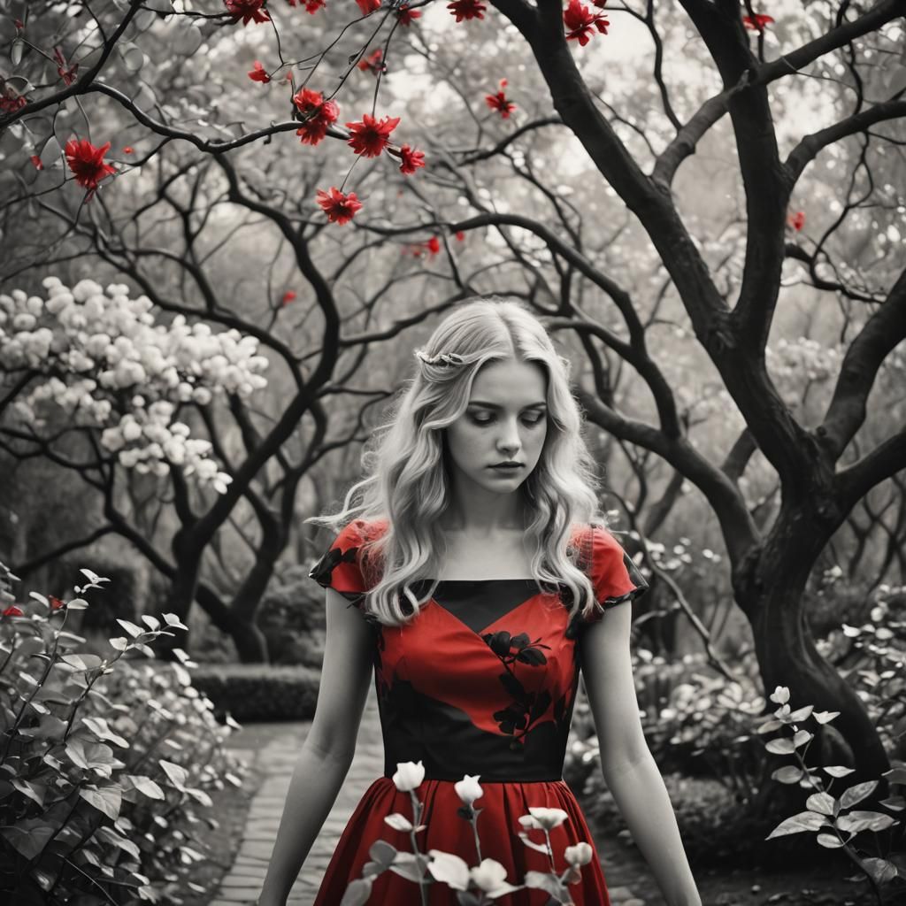 Ethereal Girl in Surreal Black and White Garden