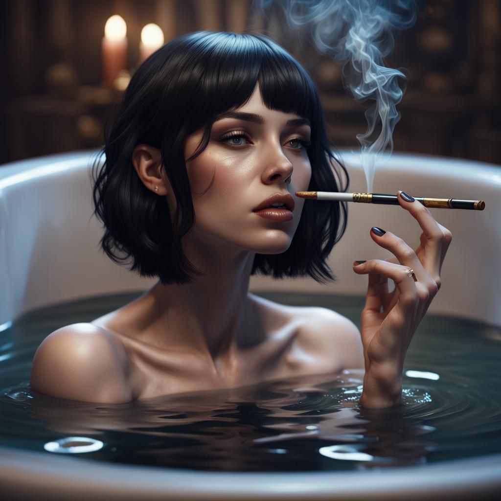Young Woman Smoking in Bath, Detailed Matte Painting