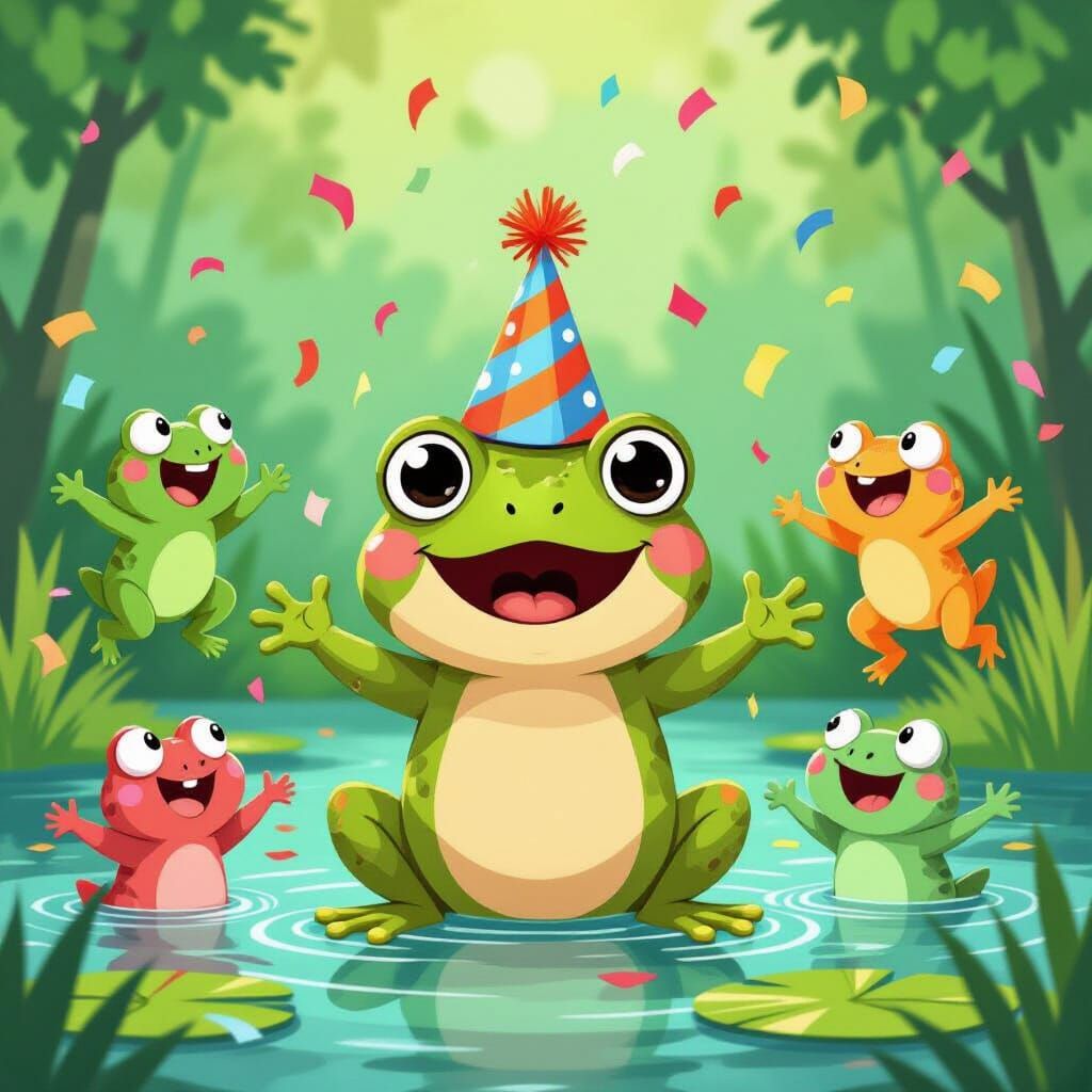 Surprised Cartoon Frog Birthday Party in Swamp