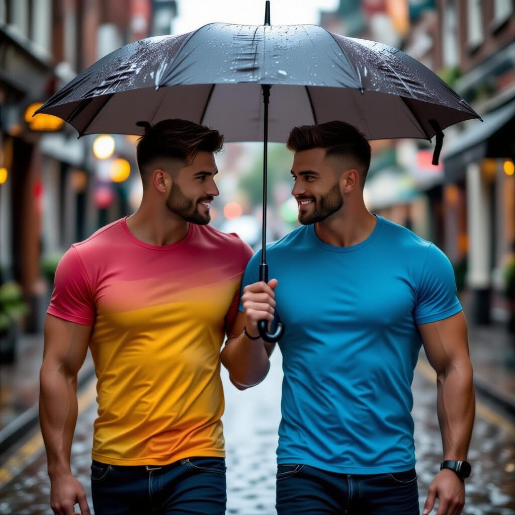 Gay Couple Walking in the Rain: Intimate Street Scene