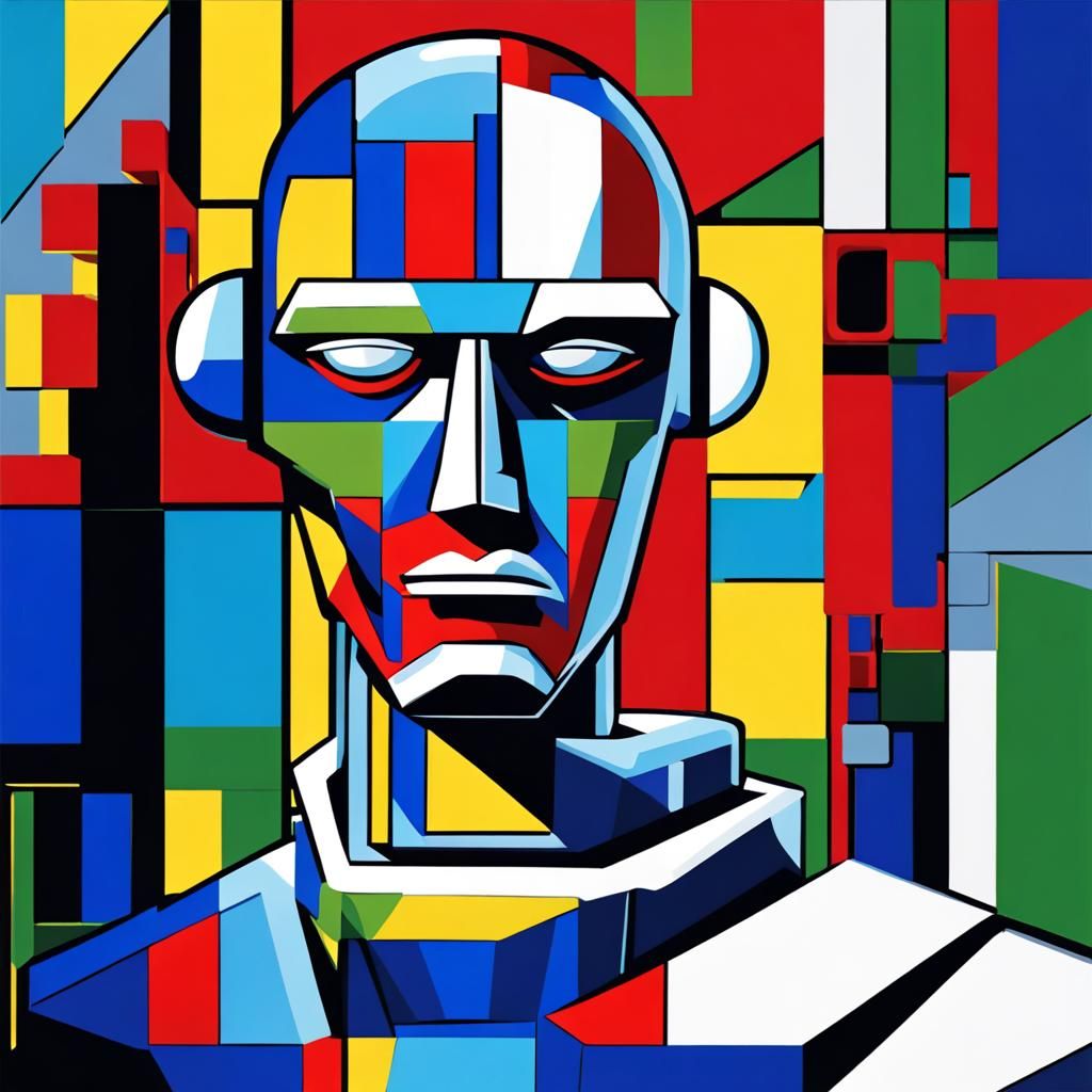 Vibrant Cyborg Robot in Cubist Art Deco Style