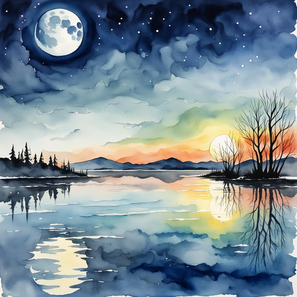 Moon Reflection on Water in Watercolor Style