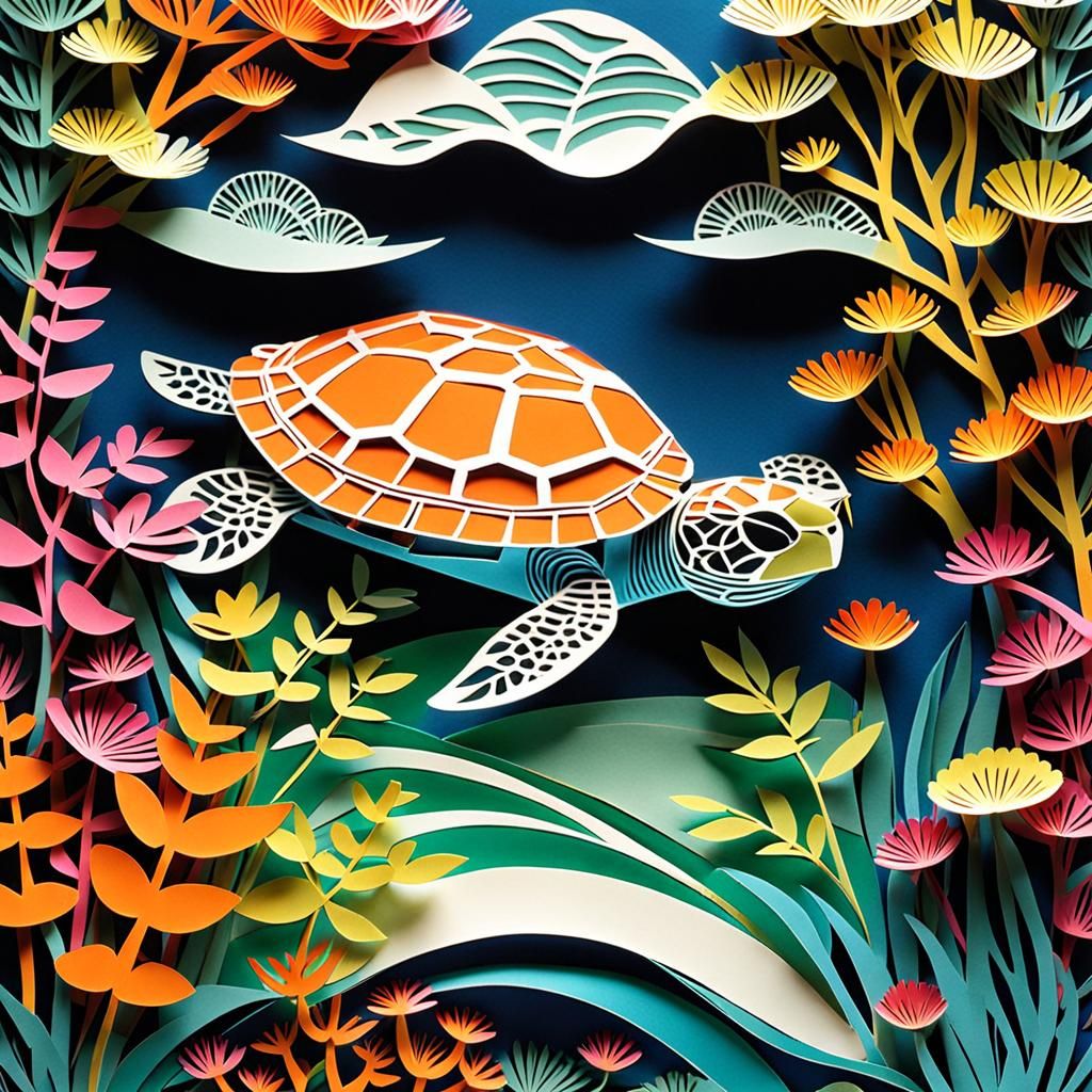 Colorful Kirigami Turtle in Pond Illustration