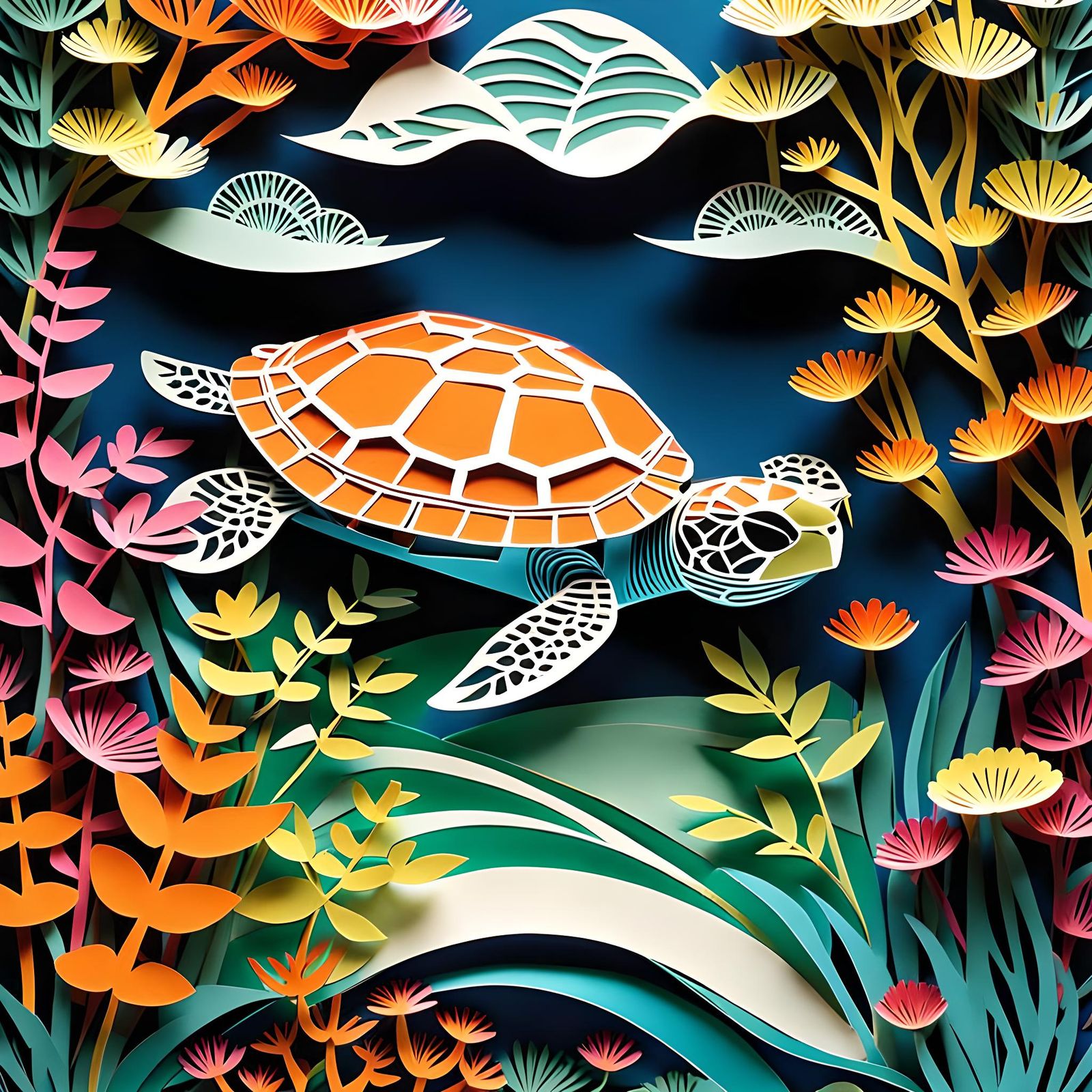 Colorful Kirigami Turtle in Pond Paper-Cut Illustration