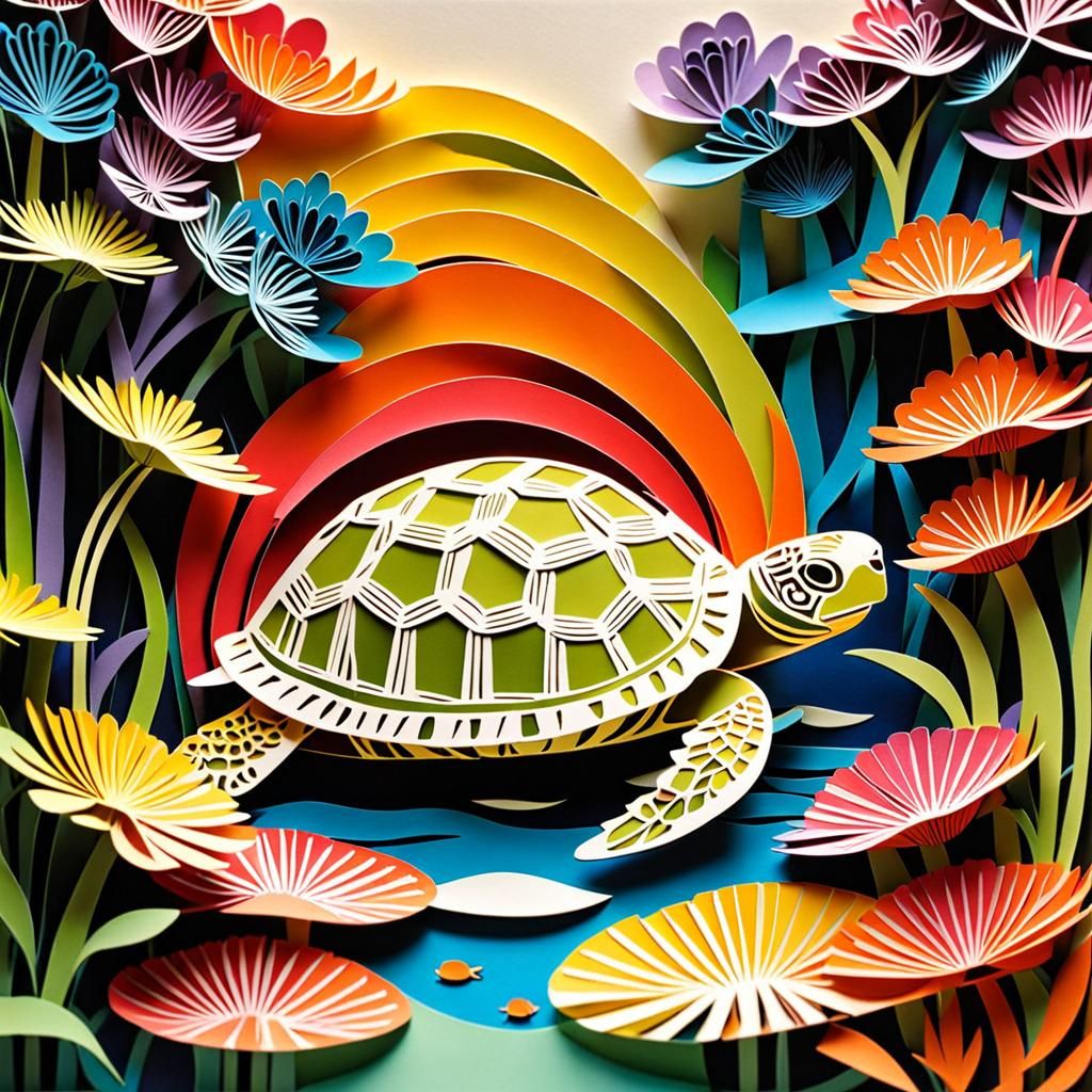 Colorful Kirigami Turtle in Pond Illustration
