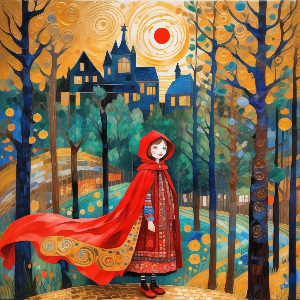 Little Red Riding Hood as Klimt-Inspired Gouache