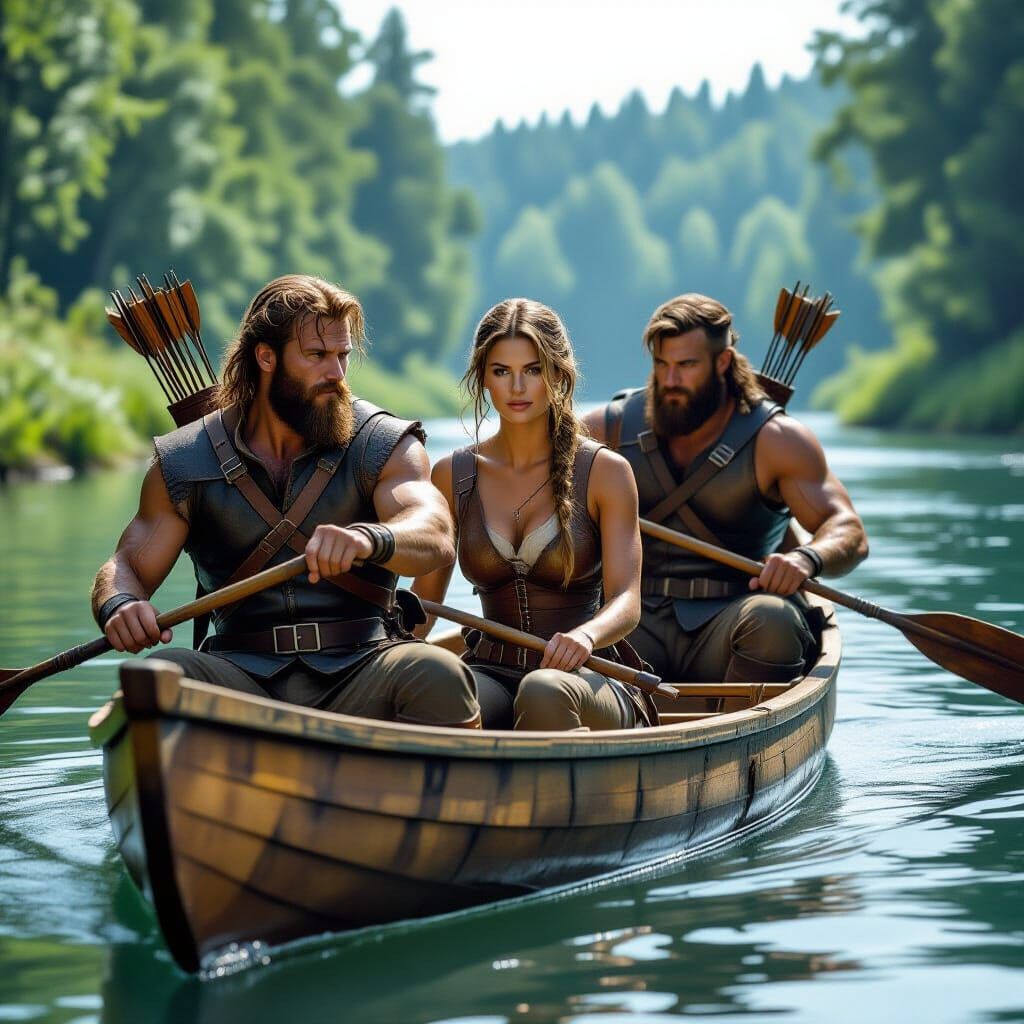 Adventurers on a River Journey in Photorealistic Style