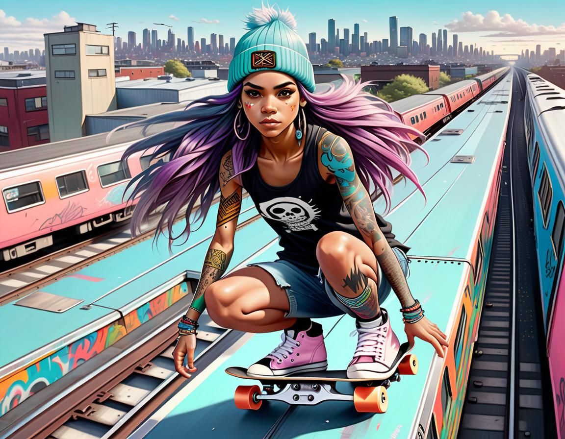 Biopunk Aboriginal Skater Princess on Graffiti Train, Manga ...