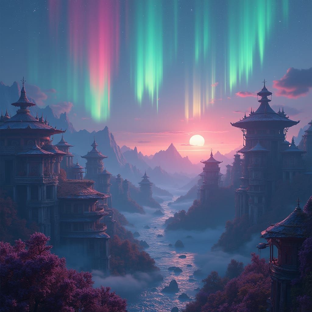 Iridescent Aurora Illuminates Crystalline Cityscape