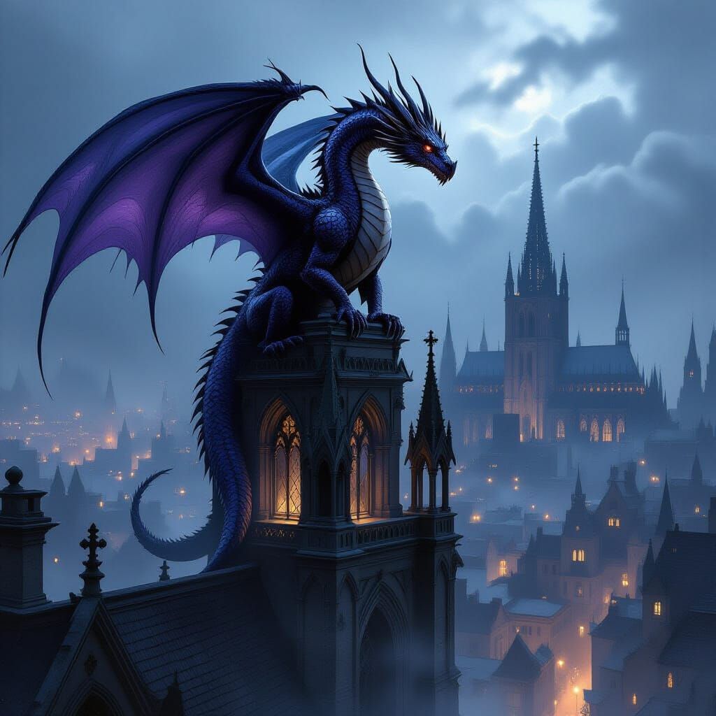 Majestic Dragon on Gothic Spire Over Medieval City