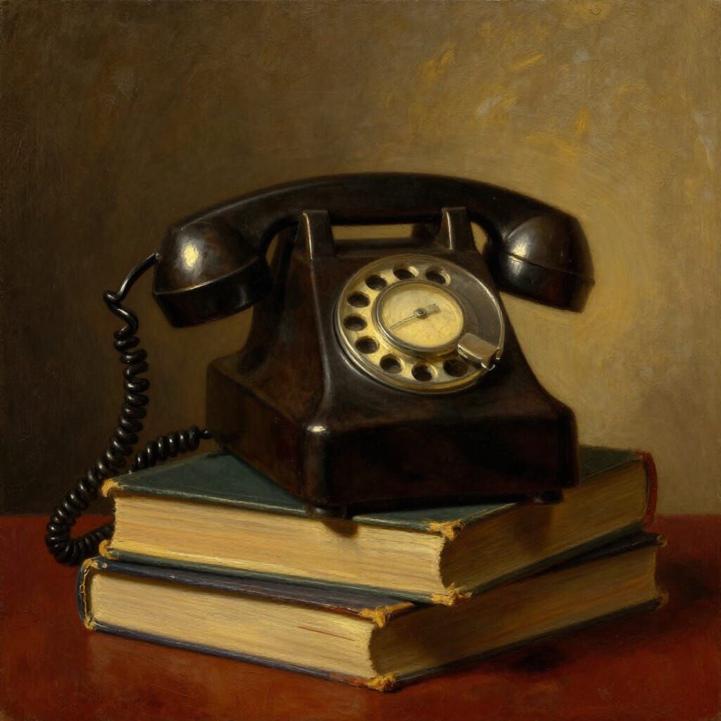 Vintage Telephone on Books in Golden Light Oil Painting