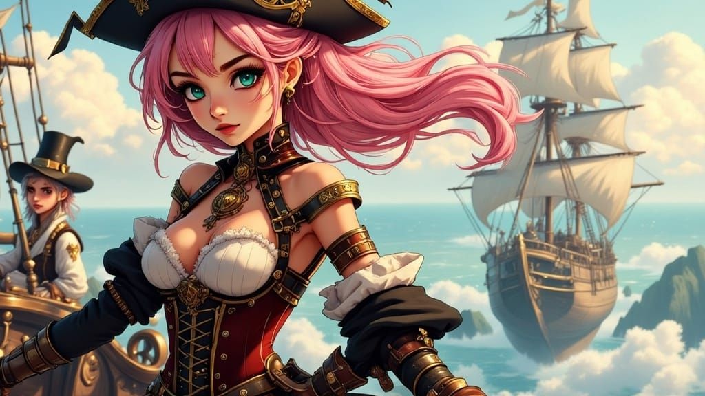 Steampunk Anime pirate with long pink hair