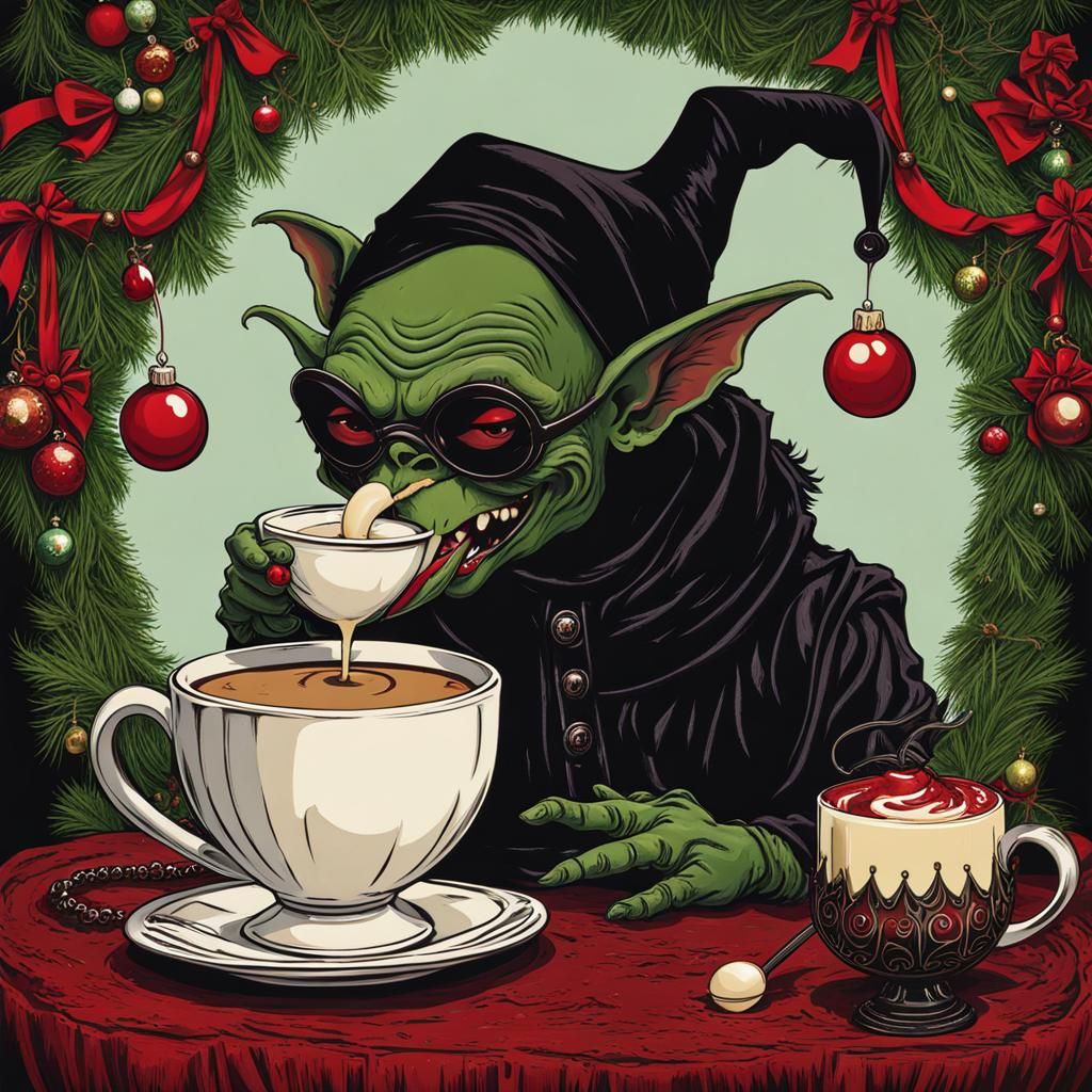 Gothic Christmas Goblin Sipping Eggnog Coffee