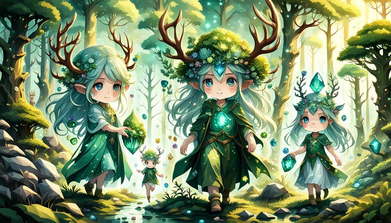 Anime Cartoon Dryad Family in Forest