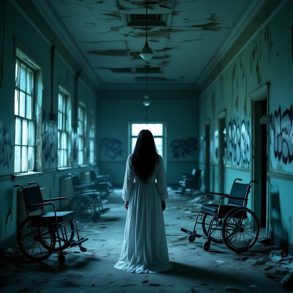 Eerie Abandoned Hospital with Ghostly Woman