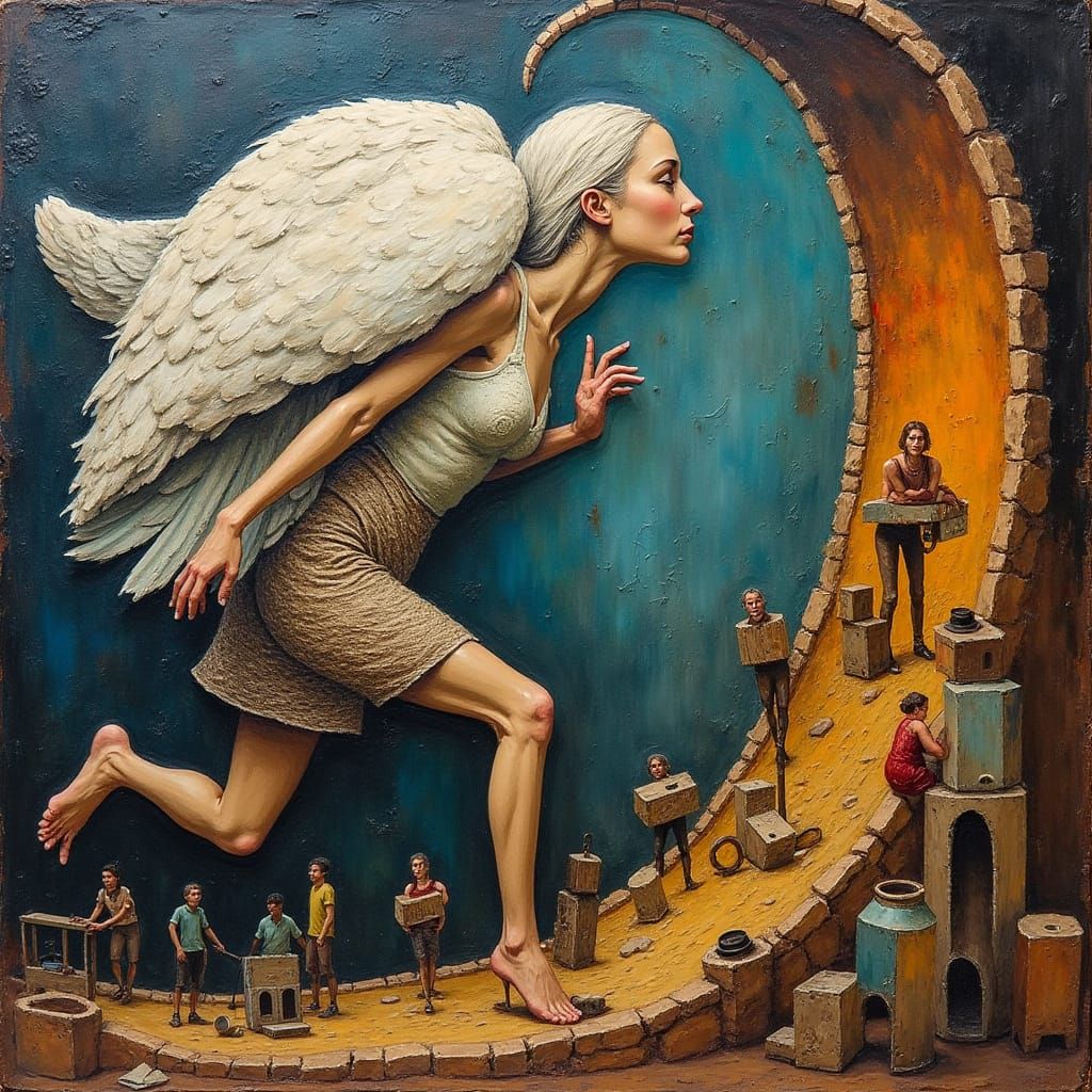 Giant Woman with Owl in Surreal Vortex - Art Brut Style