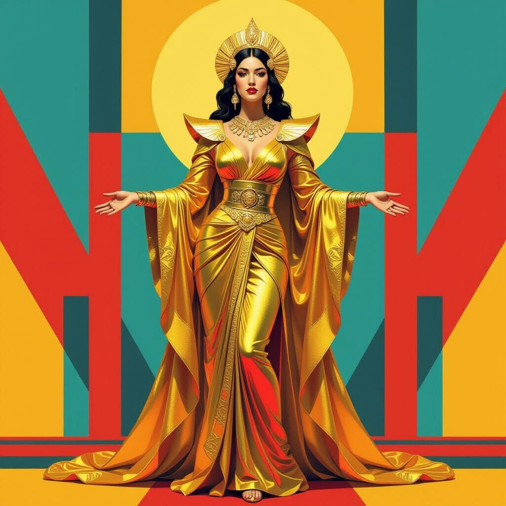 Goddess of Gold in Pop Art Style with Geometric Shapes