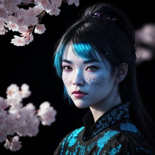 Cyan Cherry Blossom on Lava Rock: Macro Photograph