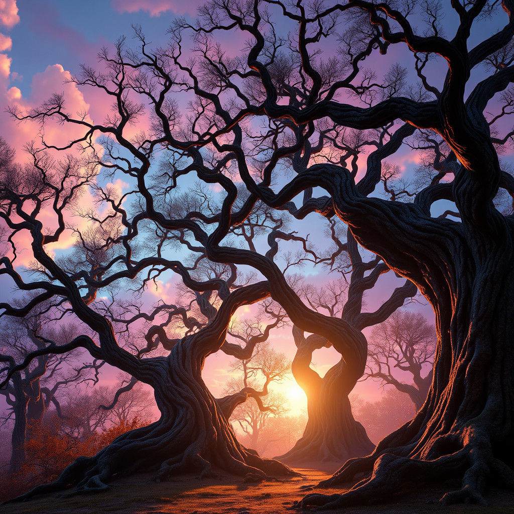 Majestic Twisted Trees in Dreamlike Landscape