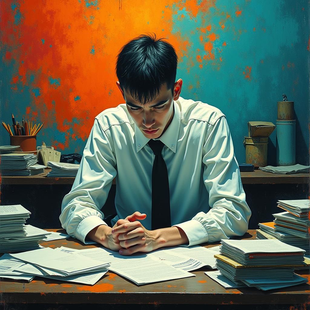 Anxious Man at Desk in Post-Impressionist Style