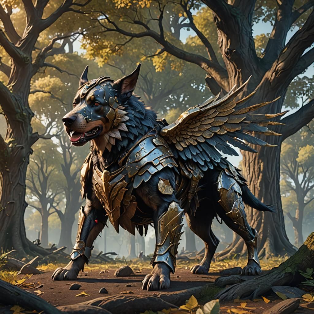 Armored Winged Doberman Fantasy Concept Art