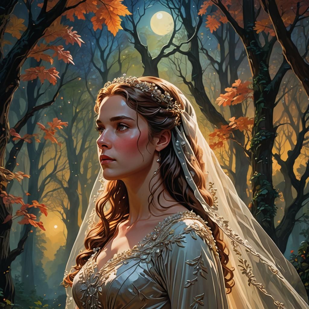 Princess Bride in Moonlit Forest: Hyperrealistic Splash Art
