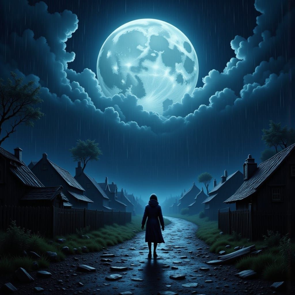 Rainy Full Moon Night in Dreamy Style