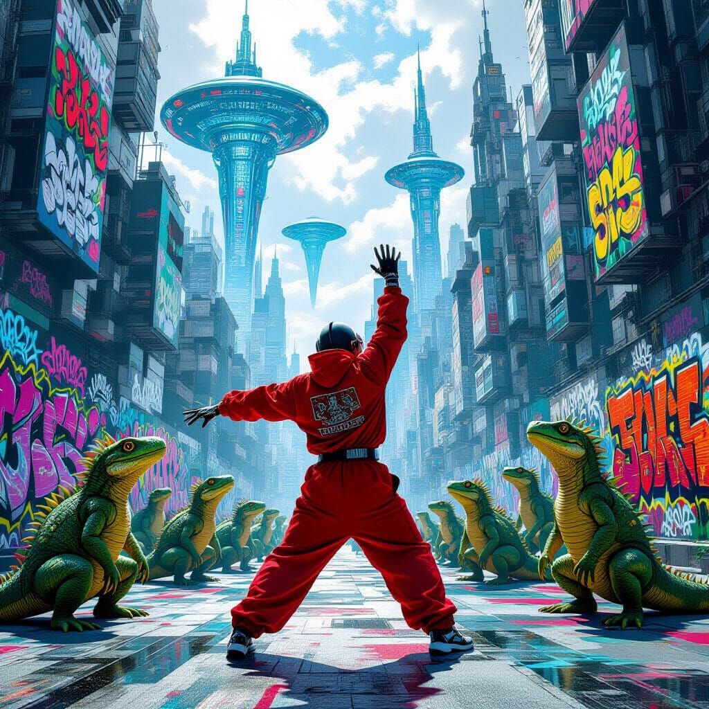Futuristic Cityscape with Dancing Figure in Graffiti Style