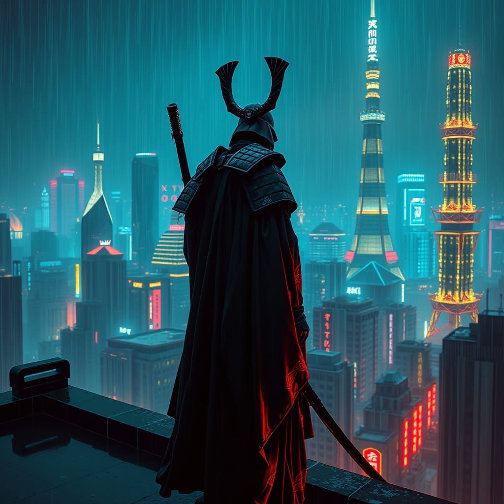 Cybernetic Samurai in Neon Tokyo