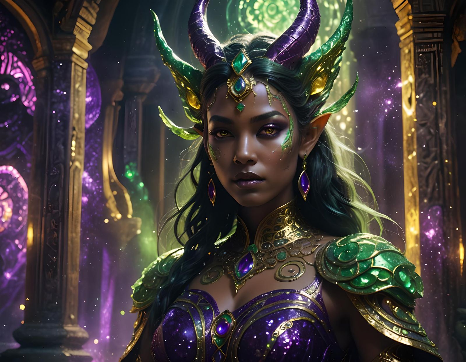 Dark Fantasy Galaxy Girl in Neon Glitter Style