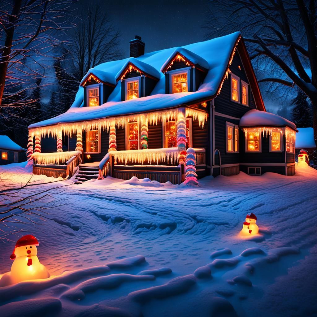 Festive Farmhouse Aglow with Christmas Lights