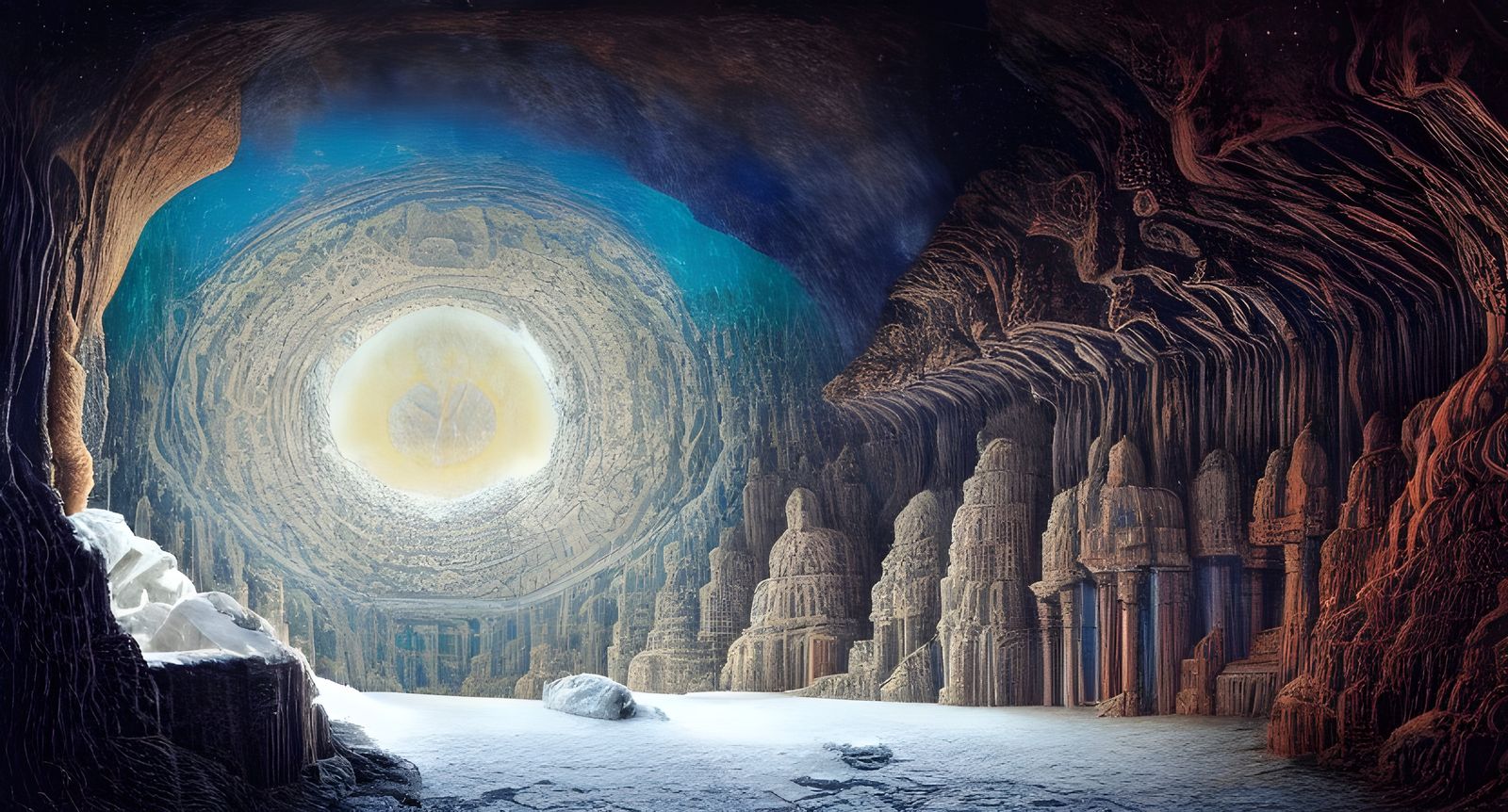 Antarctic Temple Cave Under Starry Sky