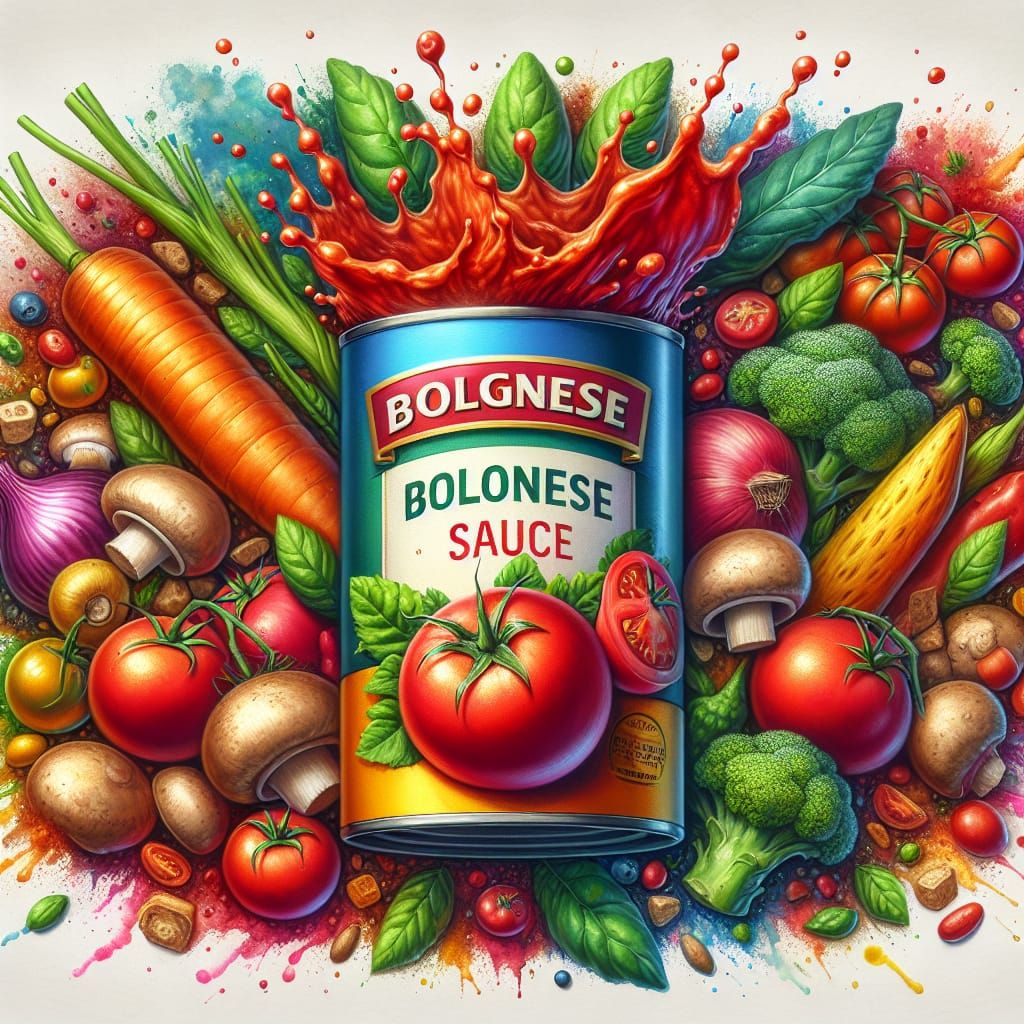 Surreal Bolognese Sauce Still Life in Mixed Media