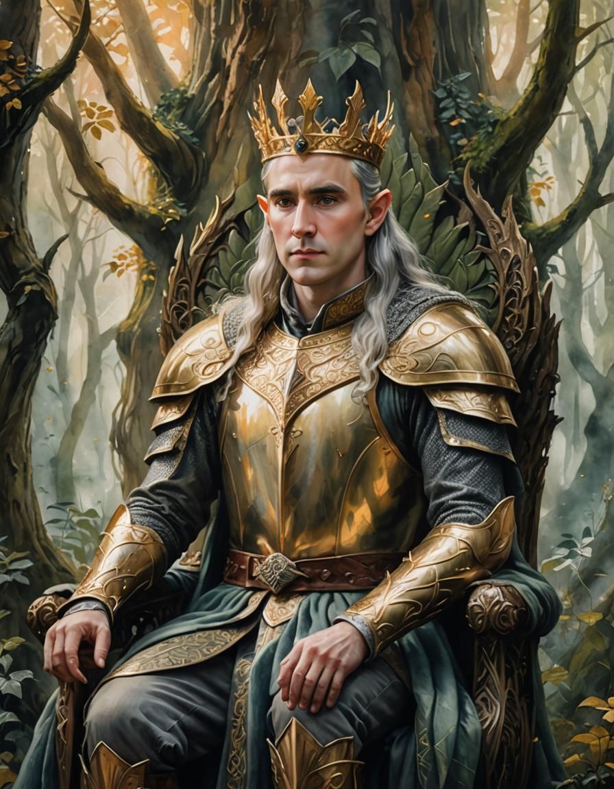 Elven King on Throne in Watercolor Portrait