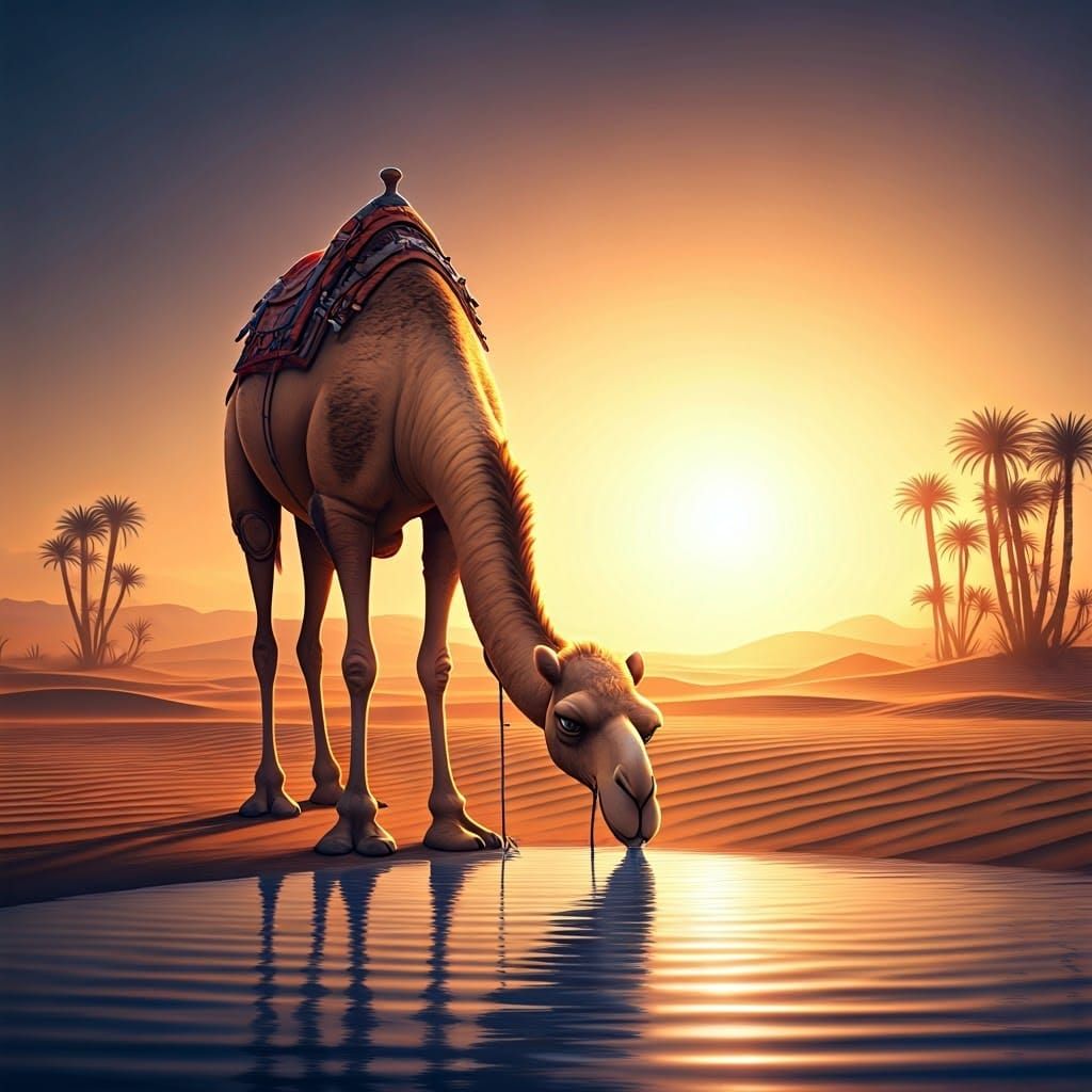 Camel at Desert Oasis: 3D Digital Art