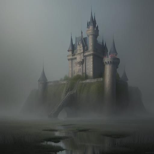 A castle situated in a foggy swamp.