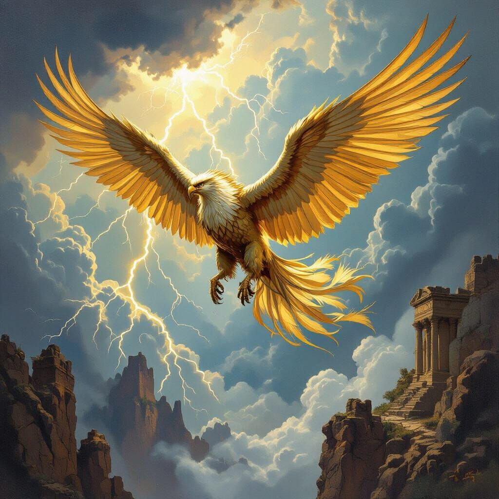 Griffin Soaring Through Stormy Sky in Oil Painting Style