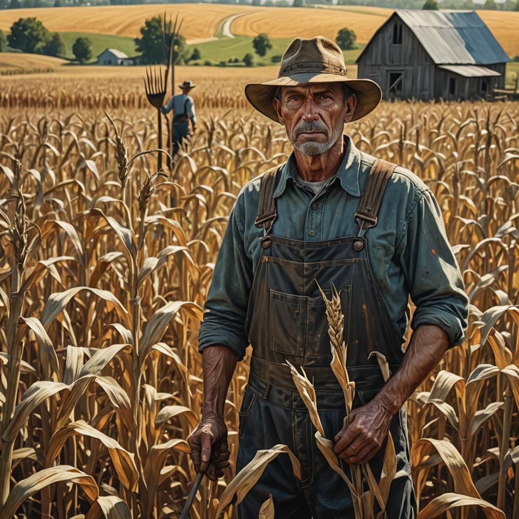 Farmer in Cornfield: American Gothic Style Painting