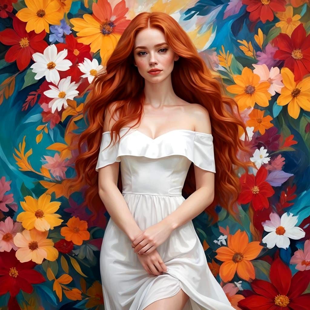 Red-Haired Woman in White Dress with Floral Backdrop