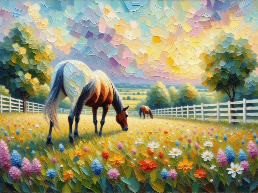 Impasto Oil Painting of Horses Grazing in a Golden Sunset La...