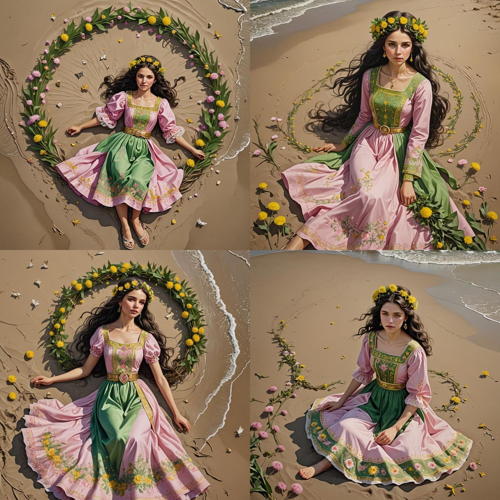 Princess with Dandelion Wreath on Beach