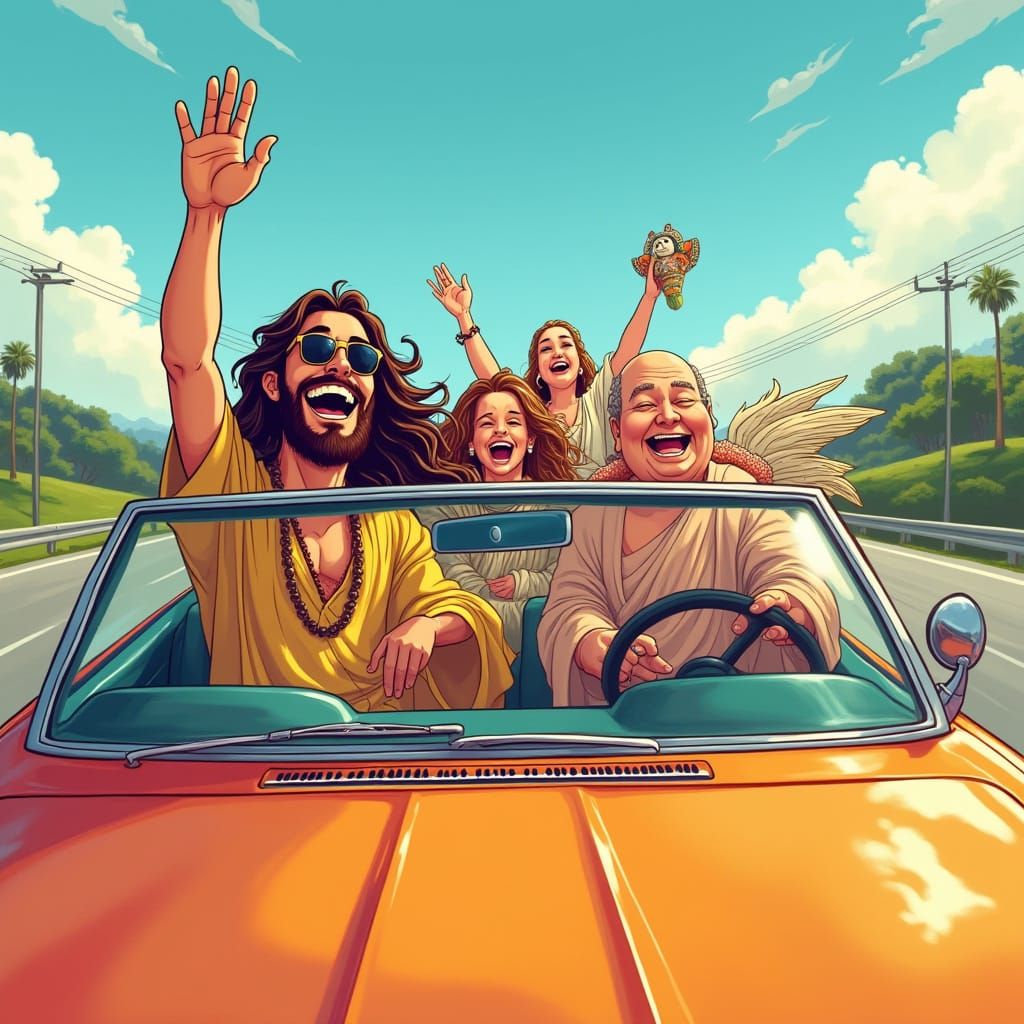 Carefree Driver Celebrates Ascension with Friends in Colorfu...