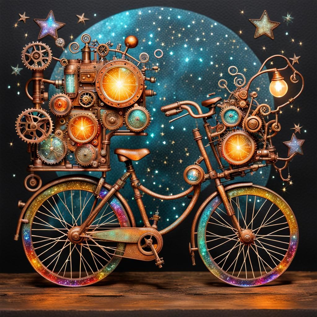 Surreal Steampunk Bicycle with Stars and Lights