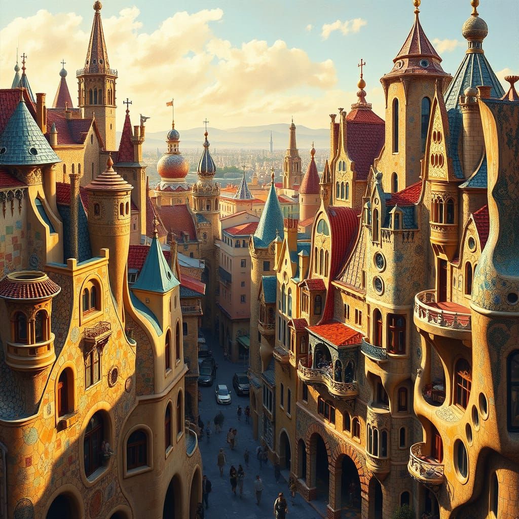 Gaudí-Inspired Cityscape Oil Painting with Mosaics